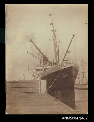 Bow view of a steamship loading unloading cargo