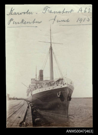 Bow view of SS KAROOLA docked at a wharf