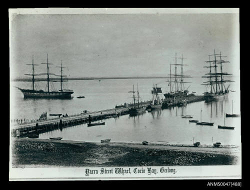 Yarra Street wharf, Corio Bay, Geelong with ships ALLAN SHAW, JERUSALEM and LOCH GARRY