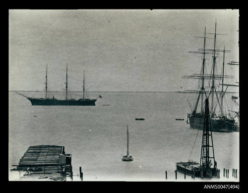 G Thompson and Company barque JERUSALEM, 901 tonnes, and ship AVEMORE, 1109 tonnes, anchored in a harbour