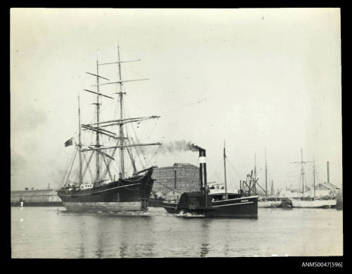 Barque KATHLEEN HILDA, being towed by paddle tugboat RESERVE