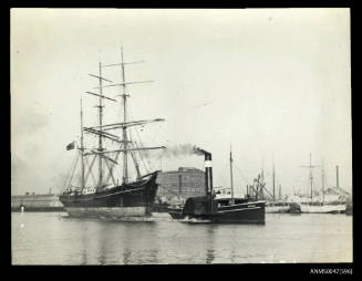 Barque KATHLEEN HILDA, being towed by paddle tugboat RESERVE