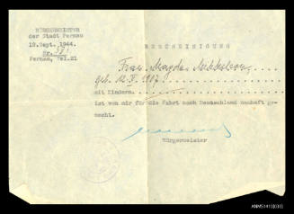 Certificate of permission from Mayor to travel to Germany 19 September 1943