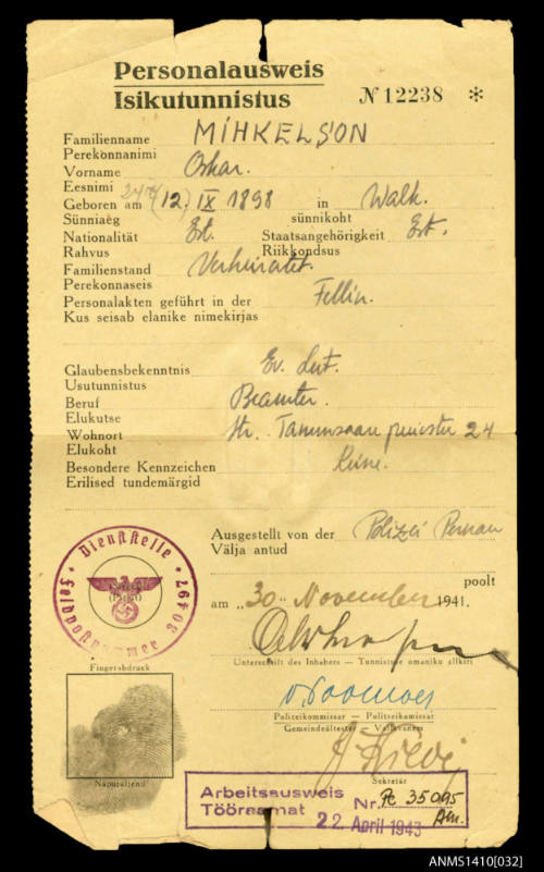 Identification card issued during German occupation