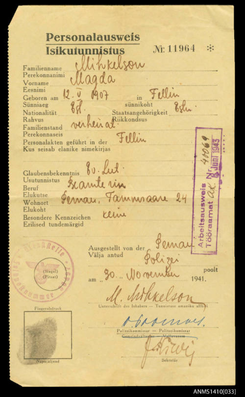 Identification card issued during German occupation