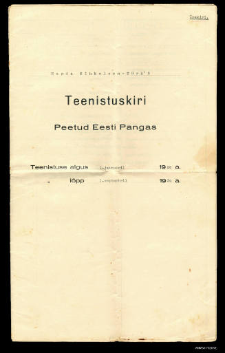 Letter of Employment from the Bank of Estonia relating to Magda Mihkelson's work at the Bank of Estonia between 1926-1930