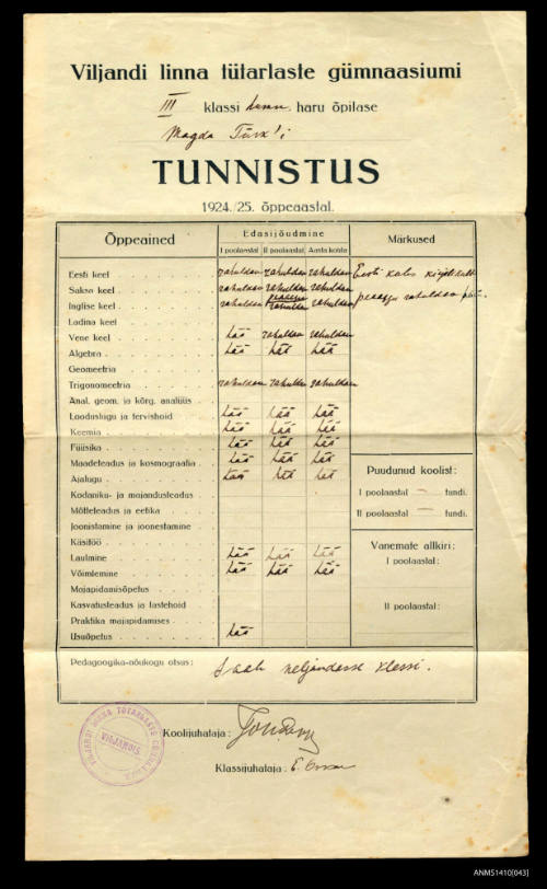 Magda Mihkelson's High School report for 1924-1925