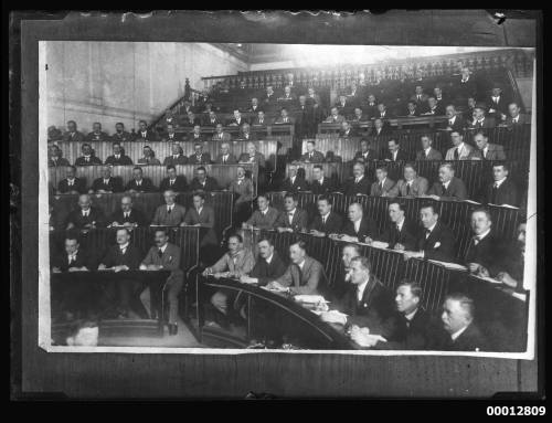 Men assembled in the Sale Room at the Royal Exchange, Sydney