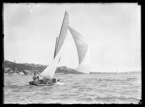 Sloop VIKING sailing near shoreline, Sydney Harbour