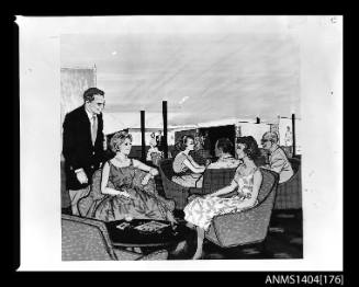 Photographic negative showing an artwork depicting passengers in a lounge area aboard the ship CANBERRA