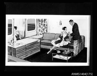 Photographic negative showing an artwork depicting a couple having coffee in the living area of their cabin aboard the ship CANBERRA