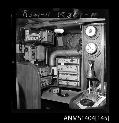 Photographic negative showing communications equipment on board the tug STELLA MARIS for the Sydney to Hobart Yacht Race