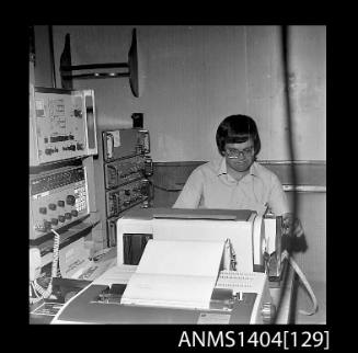 Photographic negative showing communications equipment on board a tug for the Sydney to Hobart Yacht Race