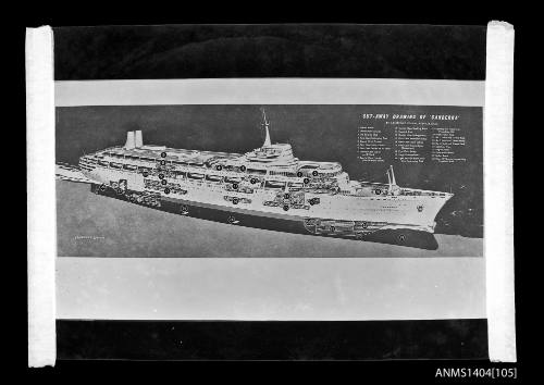 Photographic negative showing a cut-away drawing of the ship CANBERRA