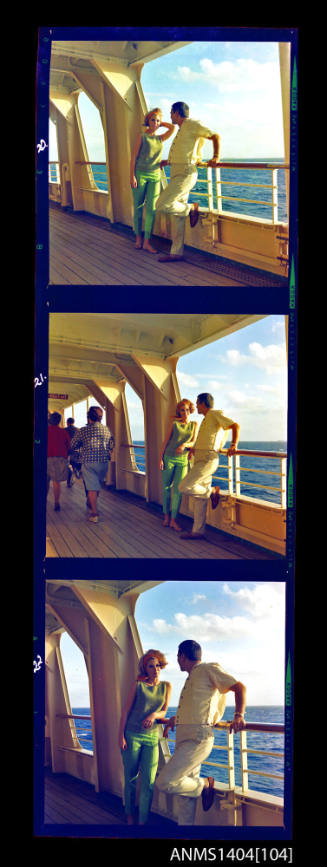 Photographic transparency strip featuring three images of a couple standing on deck aboard the ship FLAVIA