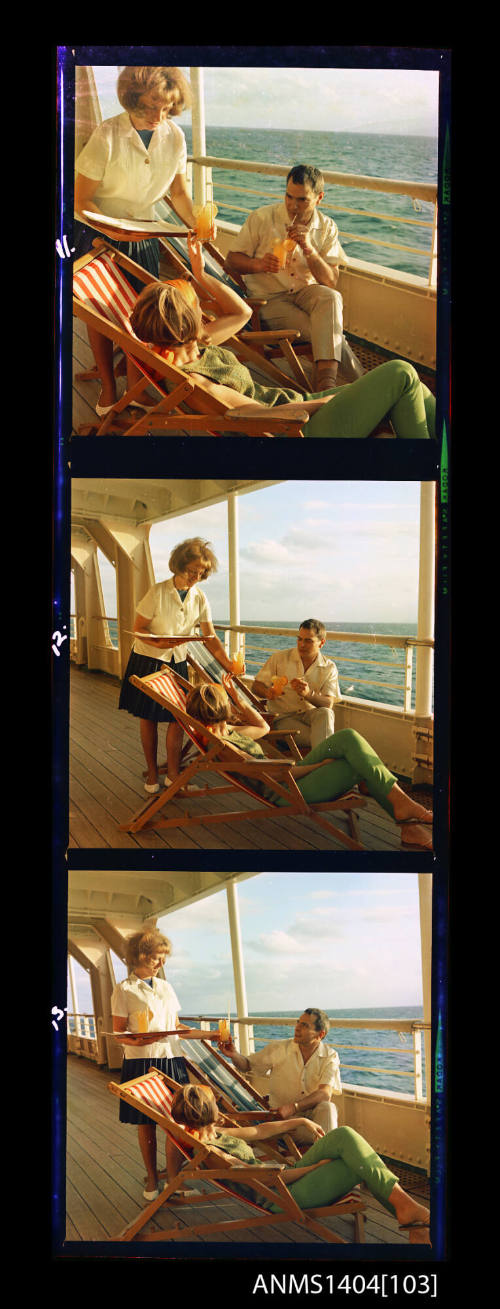 Photographic transparency strip featuring three images of a couple seated on deck receiving drinks aboard the ship FLAVIA