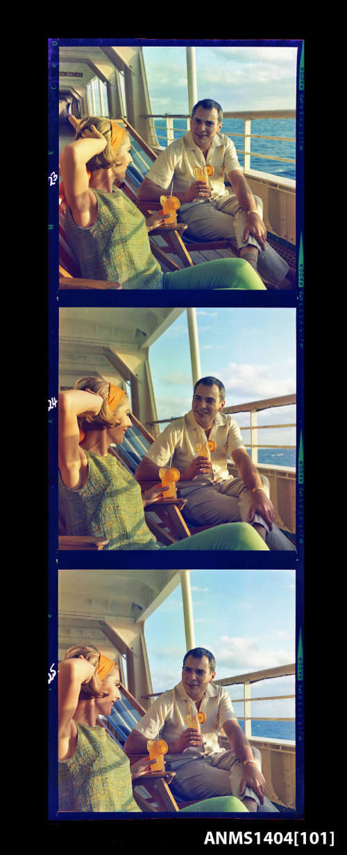 Photographic transparency strip featuring three images of a couple seated on deck aboard the ship FLAVIA