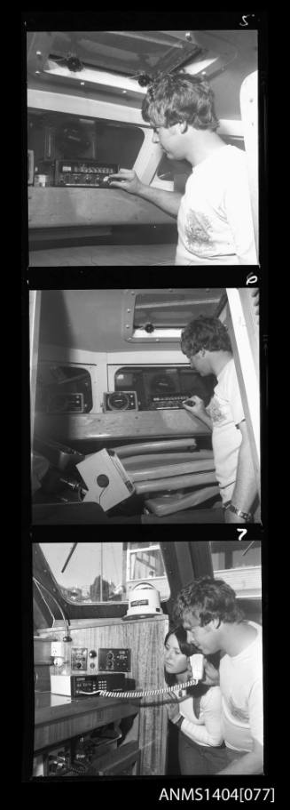 Photographic negative strip featuring three images of communication systems on a boat