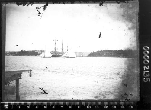 A three-masted barque with two cutters in front on Sydney Harbour