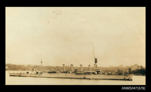 HMAS MELBOURNE cruiser, starboard side view at anchor in Farm Cove