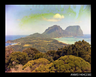 Photographic transparency showing a view of Mount Lidgbird and Mount Gower on Lord Howe Island