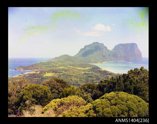 Photographic transparency showing a view of Mount Lidgbird and Mount Gower on Lord Howe Island