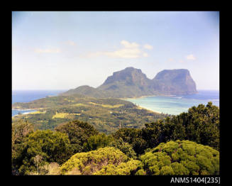 Photographic transparency showing a view of Mount Lidgbird and Mount Gower on Lord Howe Island