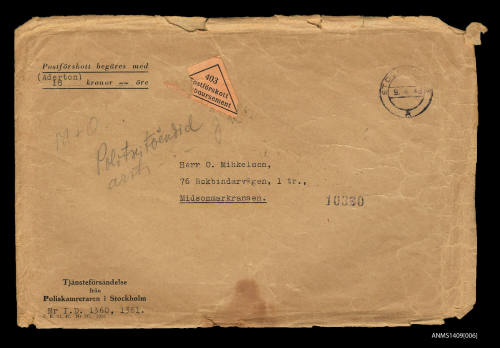 Envelope for Police clearance certificate issued to Oskar and Madga Mihkelson