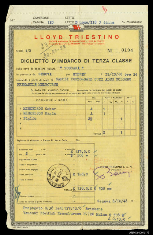 Lloyd Triestino third class ticket for passage on board TOSCANA from Genova to Sydney departing 19th October 1948 issued to Oskar, Magda and Anu Mihkelson