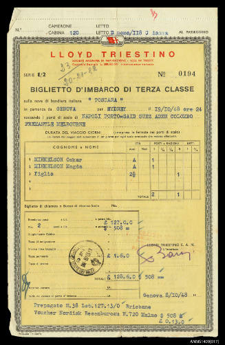 Lloyd Triestino third class ticket for passage on board TOSCANA from Genova to Sydney departing 19th October 1948 issued to Oskar, Magda and Anu Mihkelson