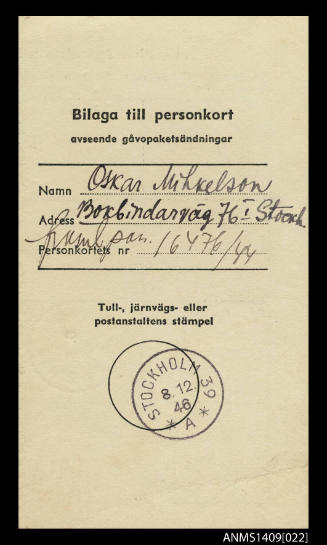 Oskar Mihkelson's Swedish identity card