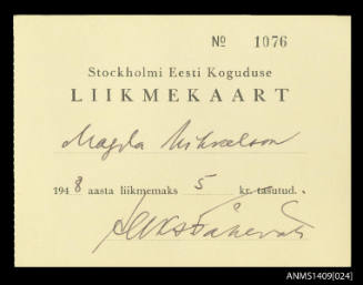 Estonian Lutheran Church mebership card issued to Magda Mihkelsons