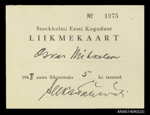 Estonian Lutheran Church mebership card issued to Oskar Mihkelson