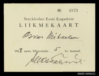 Estonian Lutheran Church mebership card issued to Oskar Mihkelson