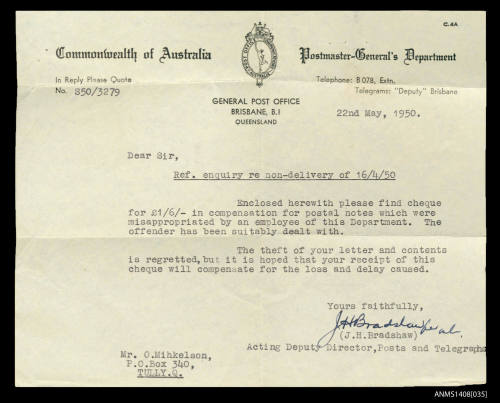 Letter from the Commonwealth of Australia Postmaster-General Department