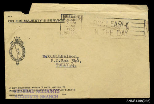 Envelope for Letter from the Commonwealth of Australia Postmaster-General Department