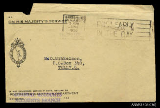 Envelope for Letter from the Commonwealth of Australia Postmaster-General Department