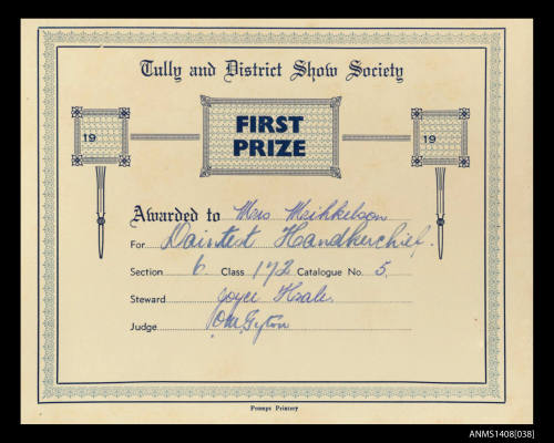 Tully and District Show Society First Prize certificate