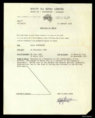 Mount Isa Mines Limite Certificate of Service issued to Oskar Mihkelson