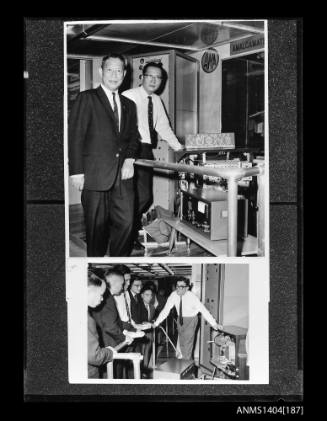 Photographic negative showing two images of an AWA company display on board a trade ship