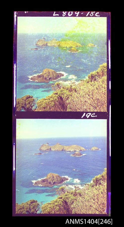 Photographic transparency strip showing small islands off the coast of Lord Howe Island