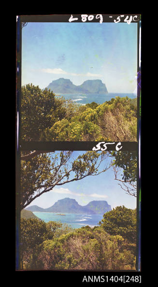 Photographic transparency strip showing a view of Mount Gower and Mount Lidgbird at Lord Howe Island