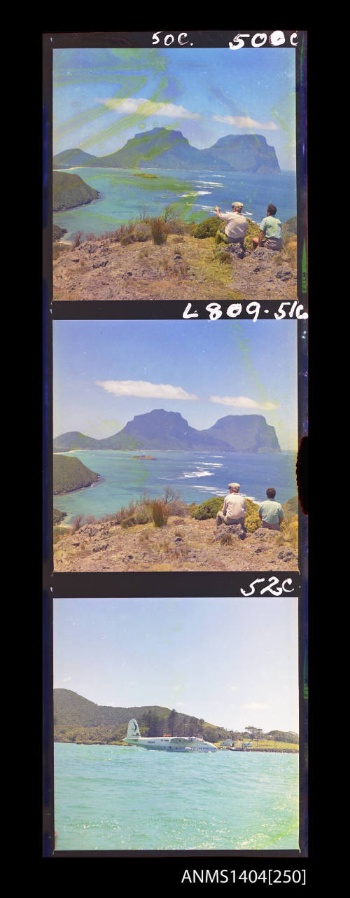 Photographic transparency strip showing the landscape and a flying boat at Lord Howe Island