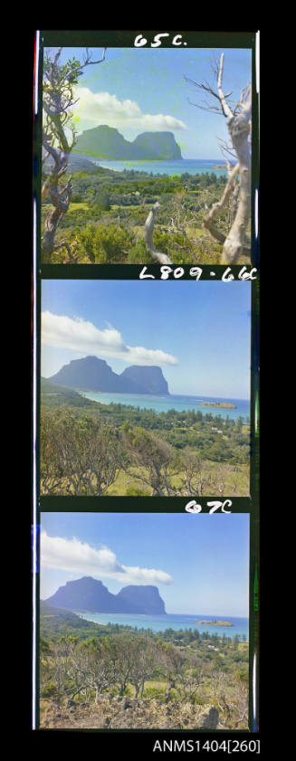 Photographic transparency strip showing the landscape and Mount Lidgbird and Mount Gower at Lord Howe Island