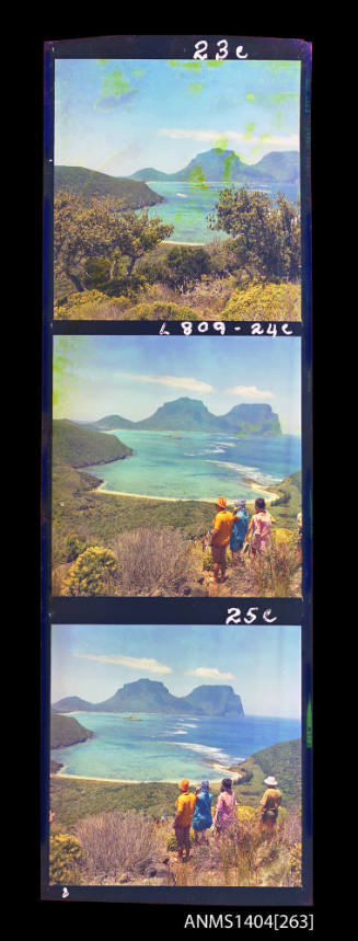 Photographic transparency strip showing a flying boat taking off from the lagoon at Lord Howe Island