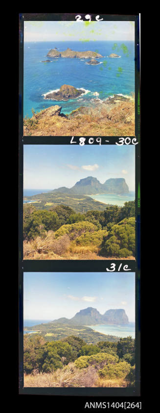 Photographic transparency strip showing the landscape including Mount Lidgbird and Mount Gower on Lord Howe Island