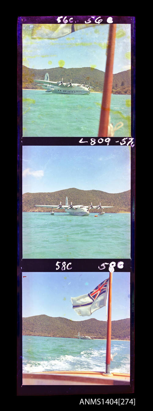 Photographic transparency strip showing the Ansett Airways flying boat Beachcomber at Lord Howe Island