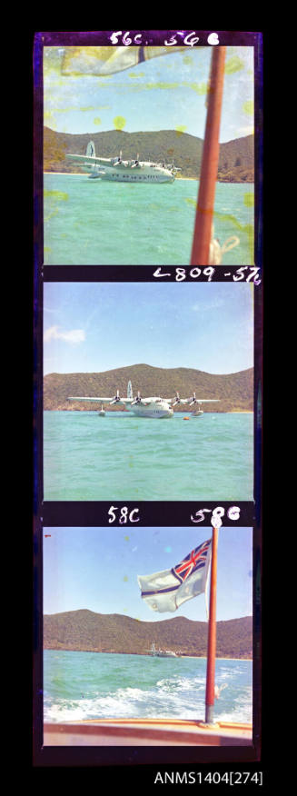Photographic transparency strip showing the Ansett Airways flying boat Beachcomber at Lord Howe Island