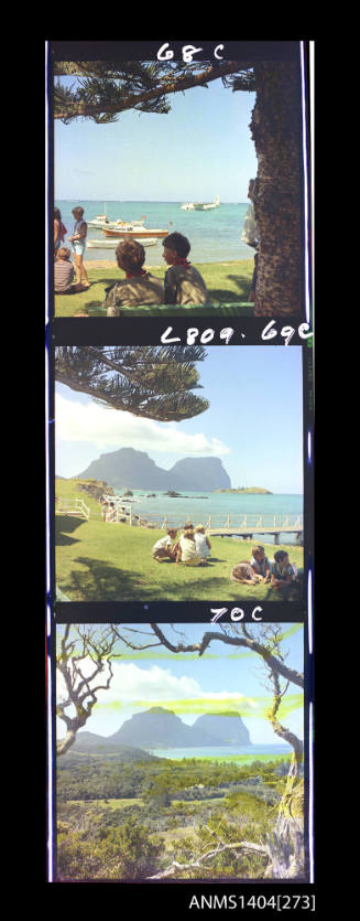 Photographic transparency strip showing a flying boat, jetty and landscape at Lord Howe Island