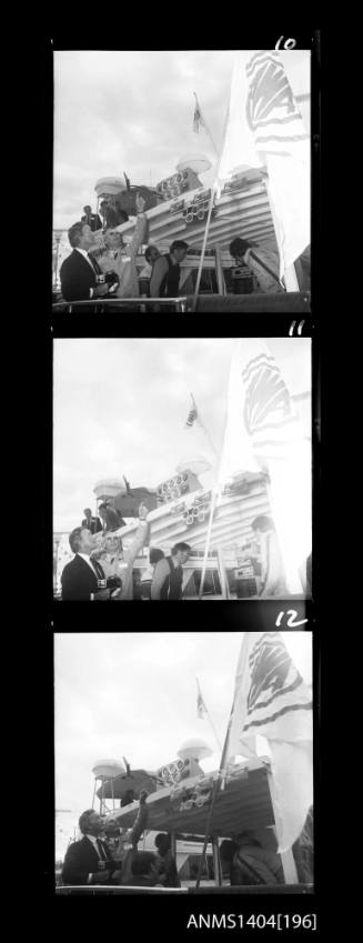 Photographic negative strip showing crew demonstrating equipment on an AWA display vessel at a boat show